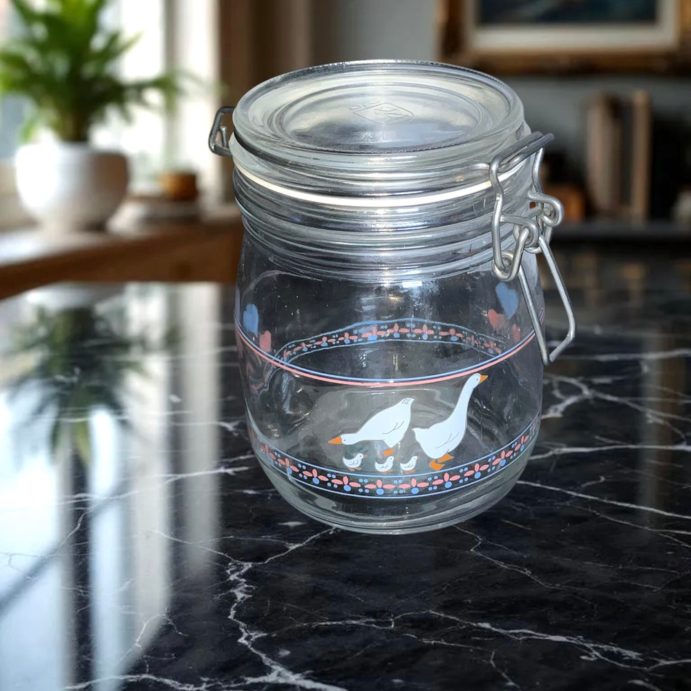 Arc France Vintage Glass Canister w Country Style Hearts & Geese Design 3/4 L